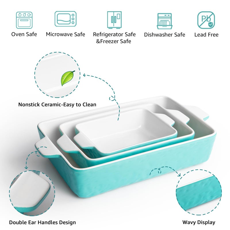 Krokori Casserole Dishes for Oven, Ceramic Baking Dishes, Lasagna Pan with Handles, Porcelain Baking Pan Deep, Bakeware for Baking, Cooking, Wedding Gift, Set of 3 (11.6" x 7.8", Aquamarine) - Image 4